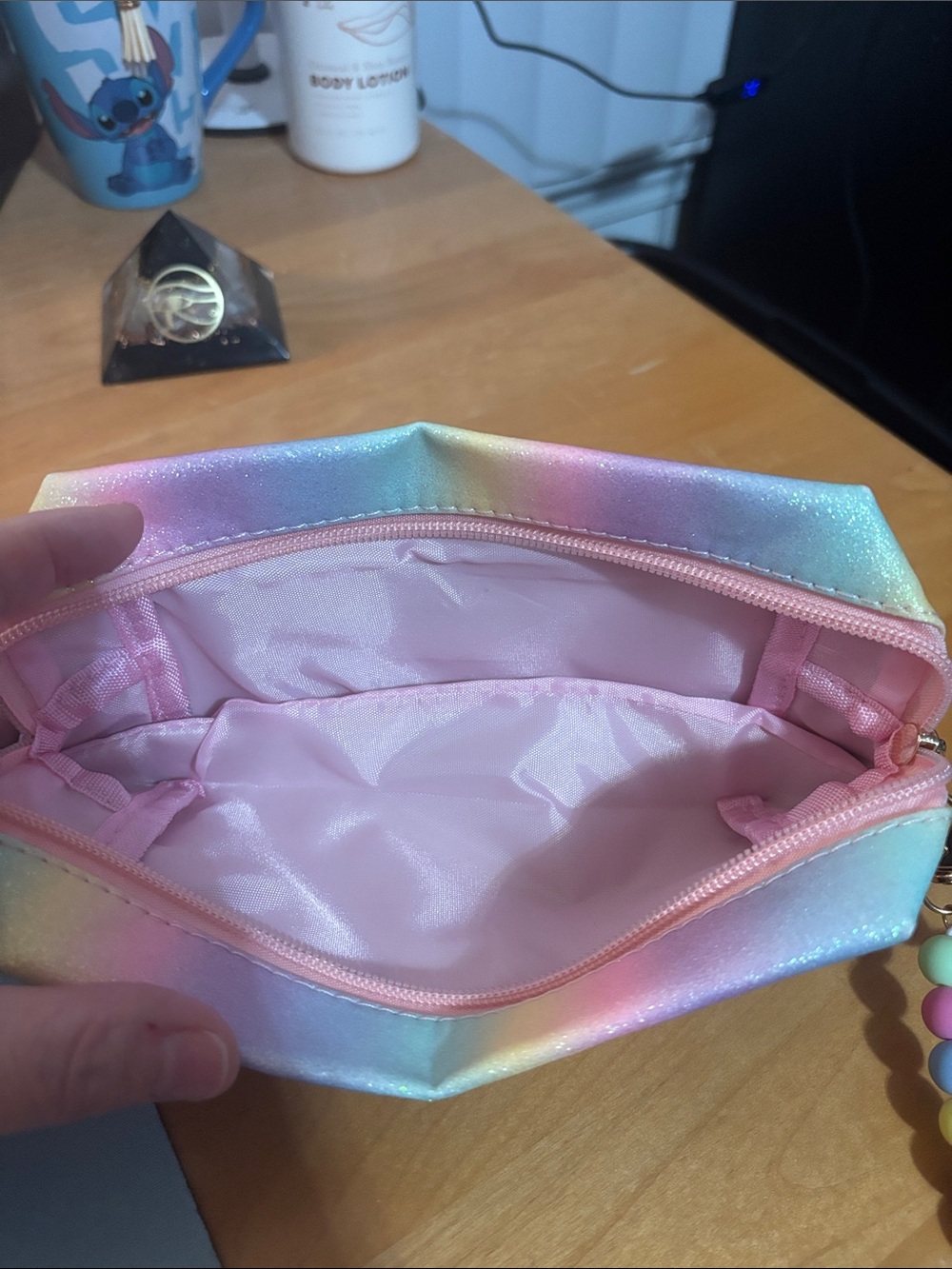 Rainbow Pastel Glitter Wristlet Pouch with letter Q & Beaded Strap - Picture 2 of 3